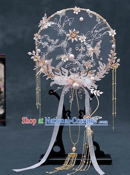 Chinese Traditional Wedding Pink Butterfly Palace Fans Ancient Bride Prop Round Fan for Women