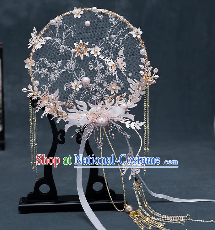 Chinese Traditional Wedding Pink Butterfly Palace Fans Ancient Bride Prop Round Fan for Men