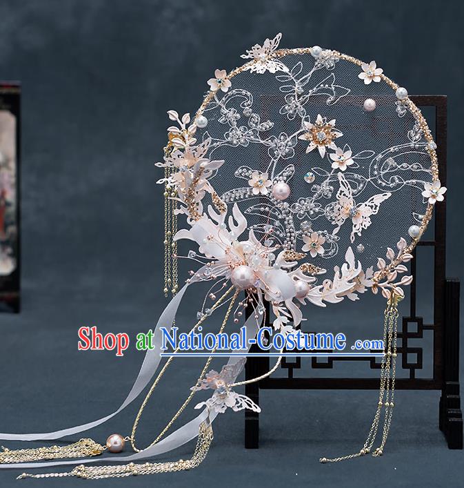 Chinese Traditional Wedding Pink Butterfly Palace Fans Ancient Bride Prop Round Fan for Men