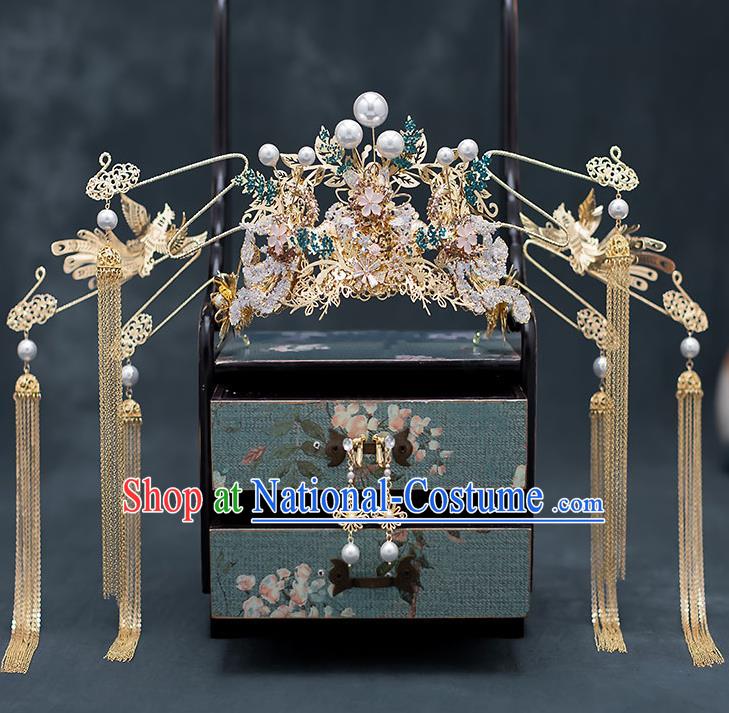 Chinese Traditional Bride Phoenix Coronet Handmade Hairpins Wedding Hair Accessories Complete Set for Women