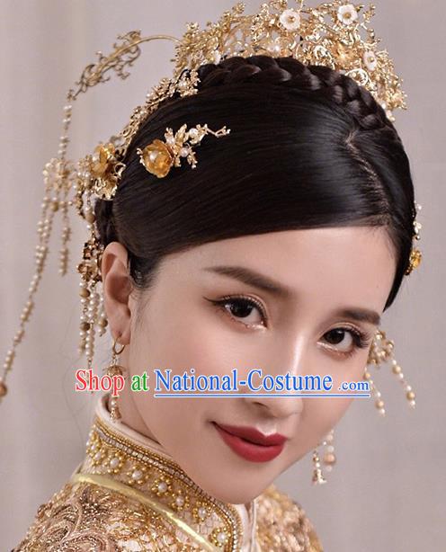 Chinese Traditional Bride Golden Phoenix Coronet Handmade Hairpins Wedding Hair Accessories Complete Set for Women