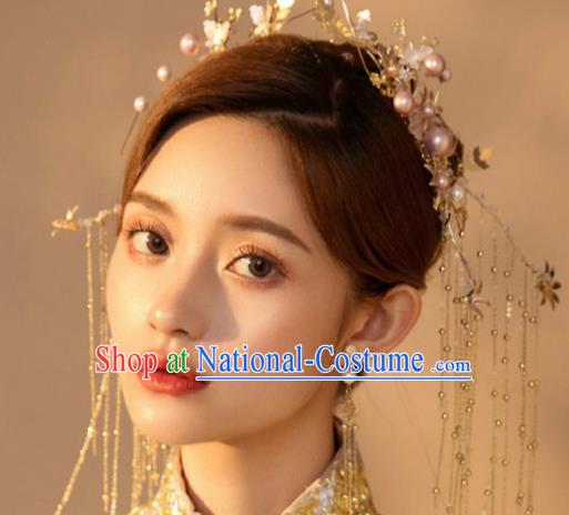 Chinese Traditional Bride Golden Tassel Step Shake Handmade Hairpins Wedding Hair Accessories Complete Set for Women