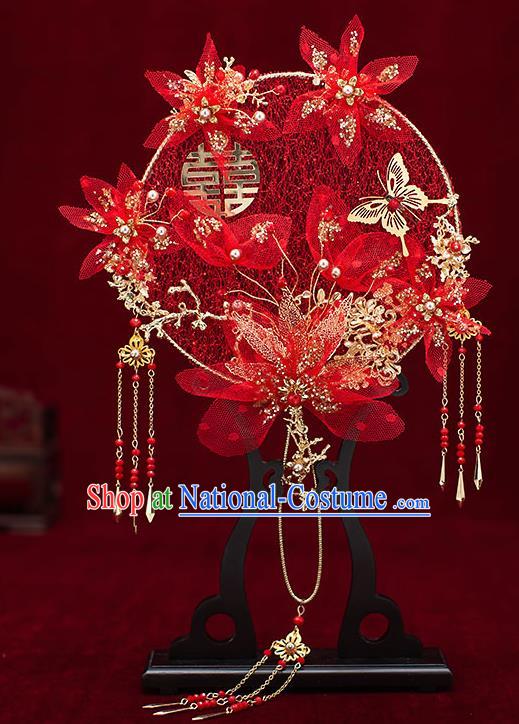 Chinese Traditional Wedding Red Silk Flowers Palace Fans Ancient Bride Prop Round Fan for Women