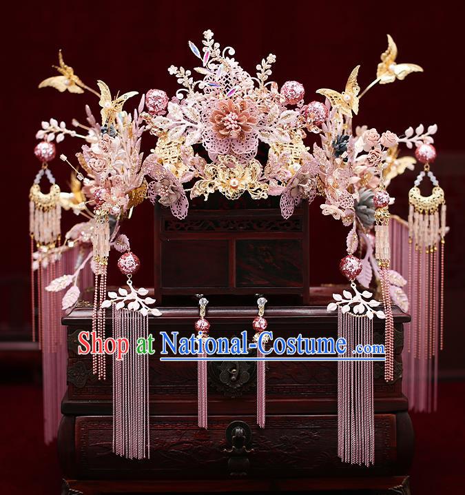 Chinese Traditional Wedding Pink Flowers Phoenix Coronet Bride Handmade Tassel Hairpins Hair Accessories Complete Set for Women