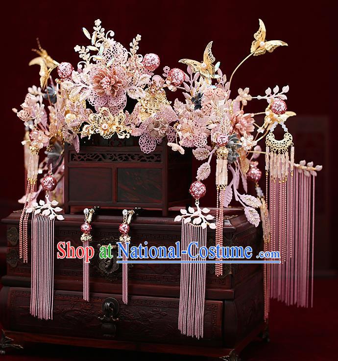 Chinese Traditional Wedding Pink Flowers Phoenix Coronet Bride Handmade Tassel Hairpins Hair Accessories Complete Set for Women