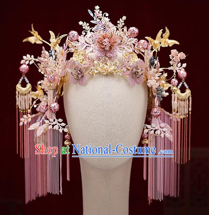 Chinese Traditional Wedding Pink Flowers Phoenix Coronet Bride Handmade Tassel Hairpins Hair Accessories Complete Set for Women