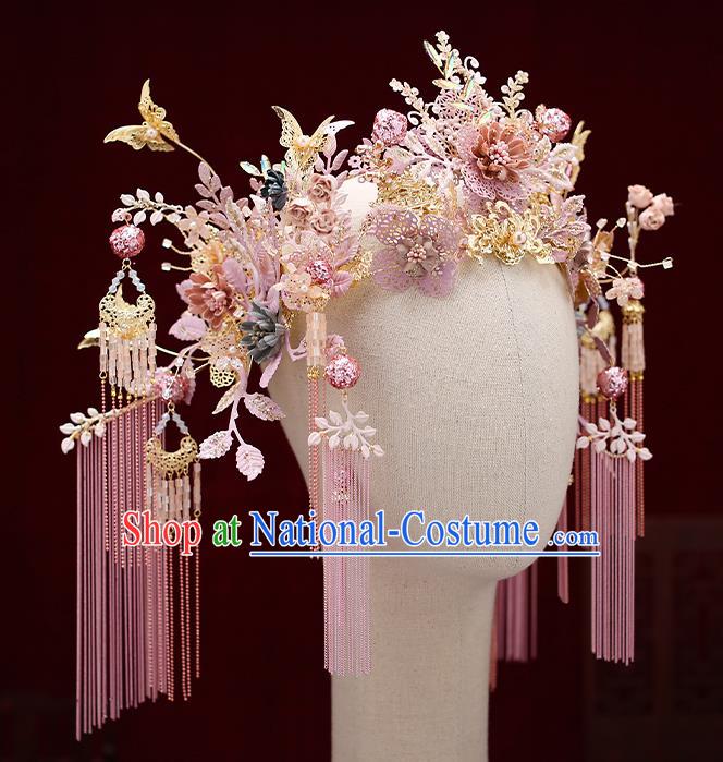 Chinese Traditional Wedding Pink Flowers Phoenix Coronet Bride Handmade Tassel Hairpins Hair Accessories Complete Set for Women