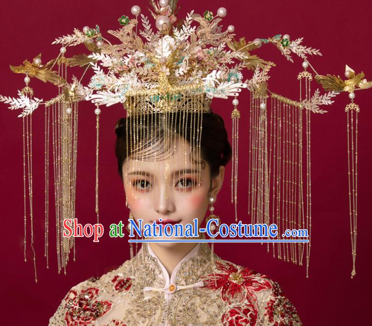 Top Chinese Traditional Wedding Golden Phoenix Coronet Bride Handmade Tassel Hairpins Hair Accessories Complete Set