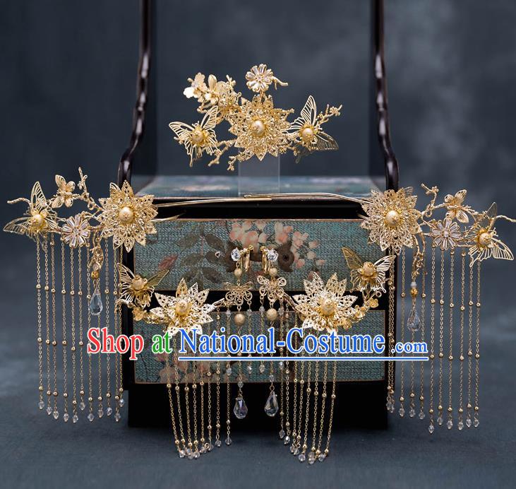 Top Chinese Traditional Wedding Golden Butterfly Hair Comb Bride Handmade Tassel Hairpins Hair Accessories Complete Set