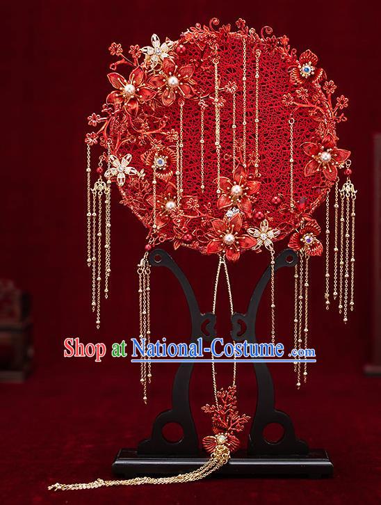 Chinese Traditional Wedding Red Silk Palace Fans Ancient Bride Prop Round Fan for Women