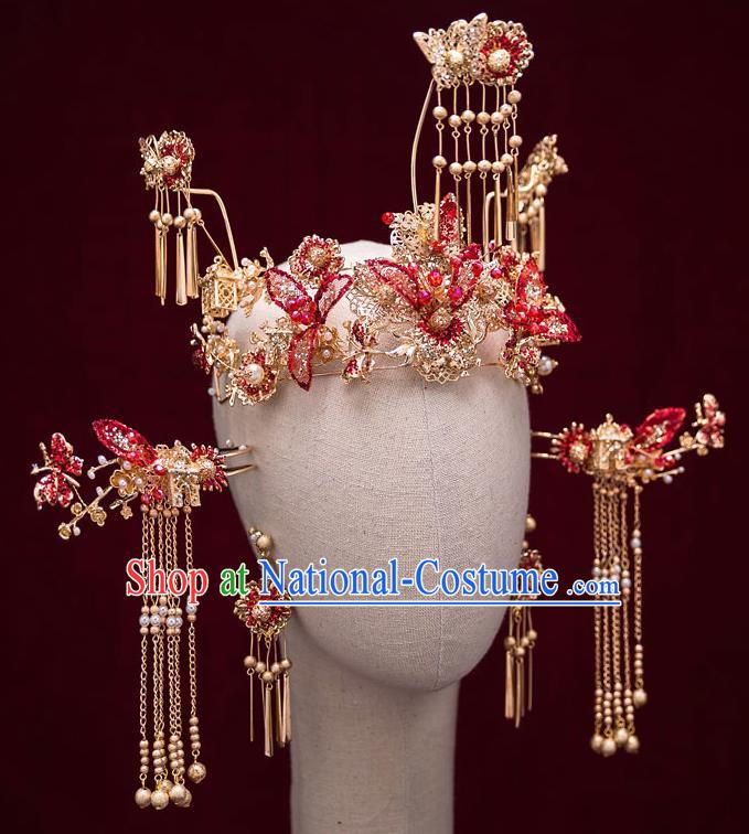 Top Chinese Traditional Wedding Red Phoenix Coronet Bride Handmade Tassel Hairpins Hair Accessories Complete Set