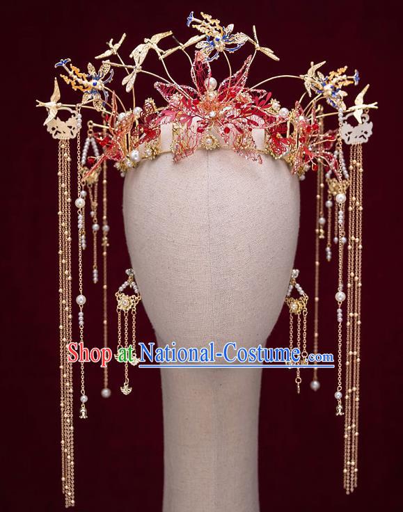 Top Chinese Traditional Wedding Golden Dragonfly Hair Crown Bride Handmade Tassel Hairpins Hair Accessories Complete Set