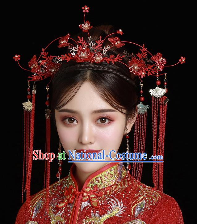 Top Chinese Traditional Wedding Red Leaf Hair Clasp Bride Handmade Tassel Hairpins Hair Accessories Complete Set