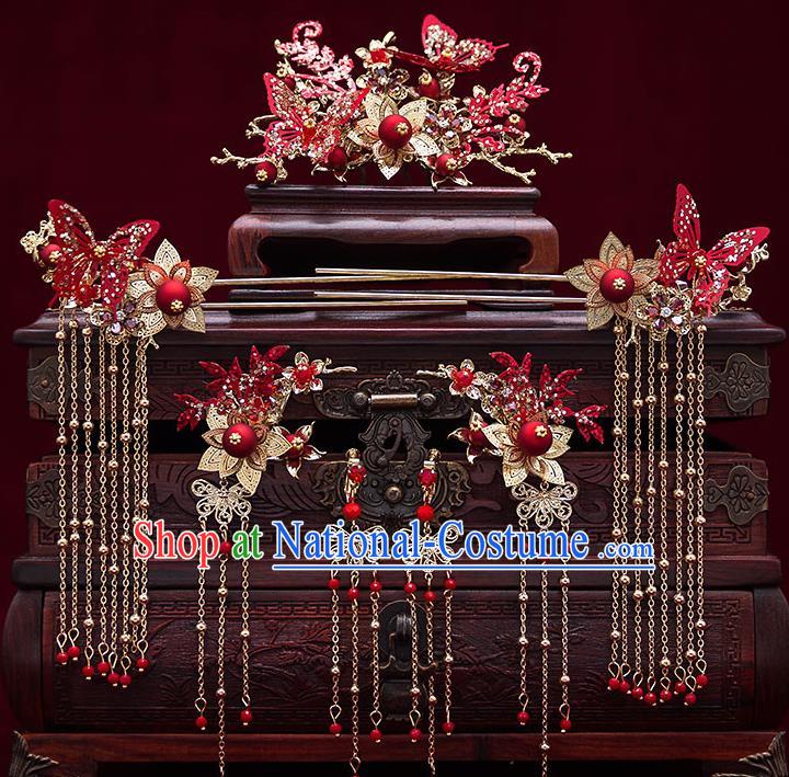 Top Chinese Traditional Wedding Red Butterfly Hair Comb Bride Handmade Tassel Hairpins Hair Accessories Complete Set