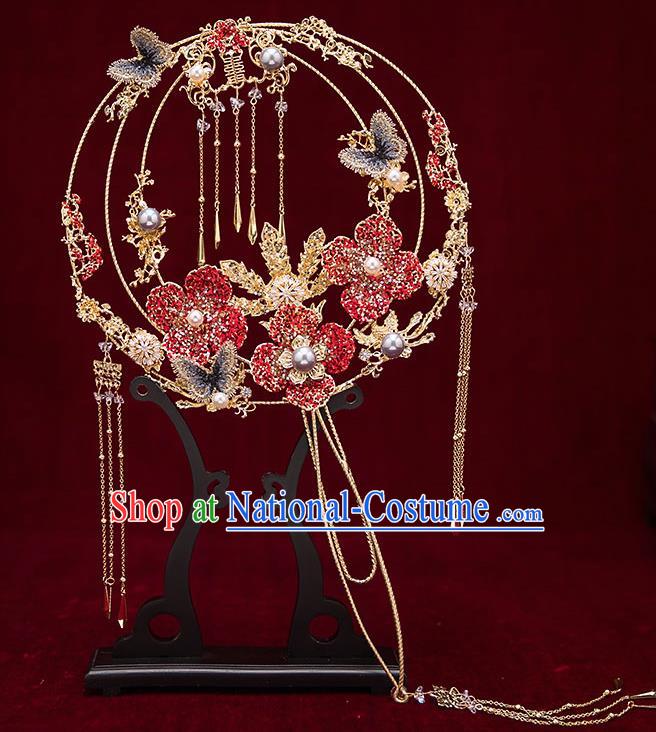 Chinese Traditional Wedding Red Crystal Flower Palace Fans Ancient Bride Prop Round Fan for Women