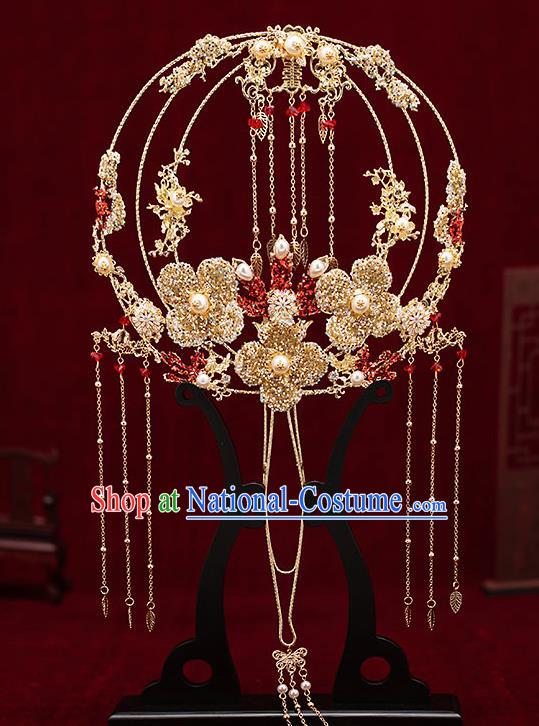 Chinese Traditional Wedding Golden Crystal Flower Palace Fans Ancient Bride Prop Round Fan for Women