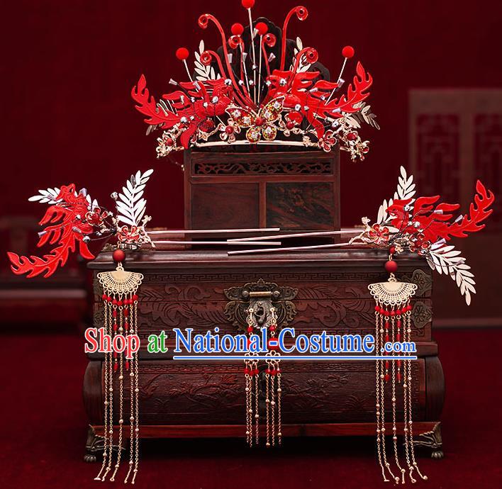 Top Chinese Traditional Wedding Red Phoenix Hair Crown Bride Handmade Tassel Hairpins Hair Accessories Complete Set