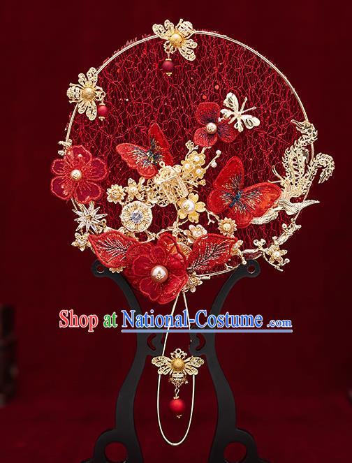 Chinese Traditional Wedding Red Lace Butterfly Palace Fans Ancient Bride Prop Round Fan for Women