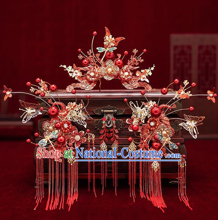 Top Chinese Traditional Wedding Red Butterfly Flowers Hair Comb Bride Handmade Tassel Hairpins Hair Accessories Complete Set