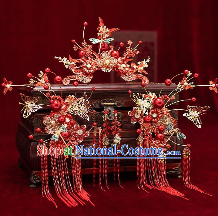 Top Chinese Traditional Wedding Red Butterfly Flowers Hair Comb Bride Handmade Tassel Hairpins Hair Accessories Complete Set