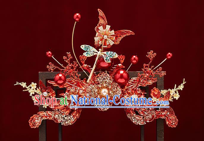 Top Chinese Traditional Wedding Red Butterfly Flowers Hair Comb Bride Handmade Tassel Hairpins Hair Accessories Complete Set