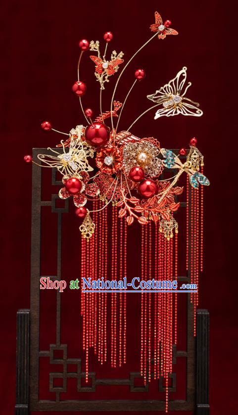 Top Chinese Traditional Wedding Red Butterfly Flowers Hair Comb Bride Handmade Tassel Hairpins Hair Accessories Complete Set