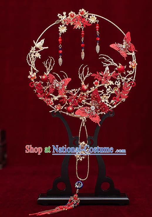 Chinese Traditional Wedding Red Palace Fans Ancient Bride Prop Round Fan for Women