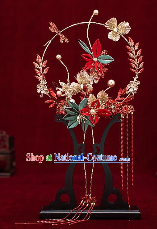 Chinese Traditional Wedding Red Tassel Palace Fans Ancient Bride Prop Round Fan for Women