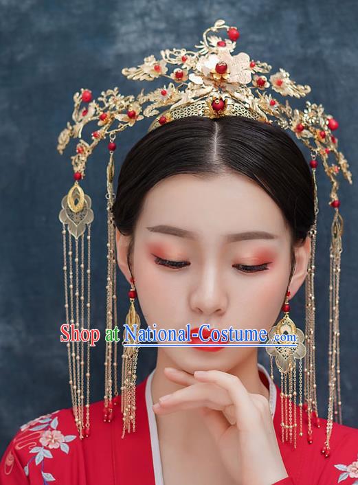 Top Chinese Traditional Wedding Hair Crown Bride Handmade Tassel Hairpins Hair Accessories Complete Set