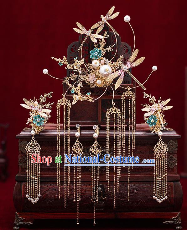 Top Chinese Traditional Wedding Dragonfly Hair Claws Bride Handmade Tassel Hairpins Hair Accessories Complete Set