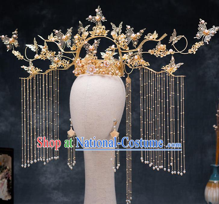 Top Chinese Traditional Wedding Phoenix Coronet Bride Handmade Tassel Hairpins Hair Accessories Complete Set