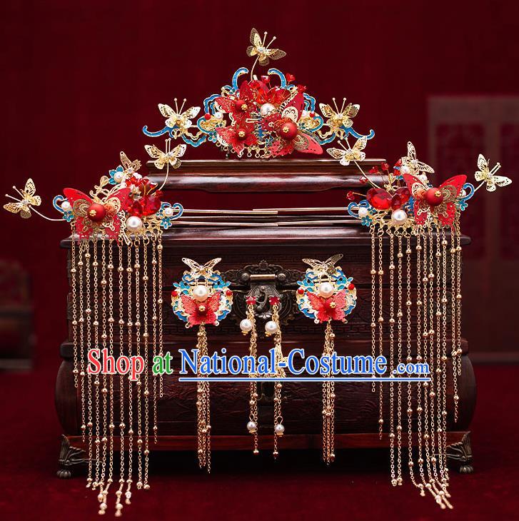 Top Chinese Traditional Wedding Cloisonne Hair Combs Bride Handmade Tassel Hairpins Hair Accessories Complete Set