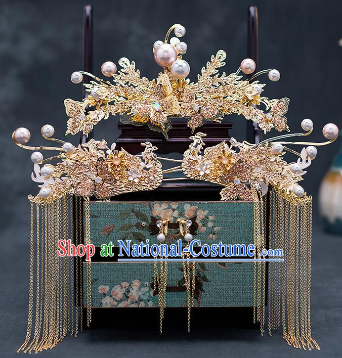 Top Chinese Traditional Wedding Golden Phoenix Hair Comb Bride Handmade Tassel Hairpins Hair Accessories Complete Set