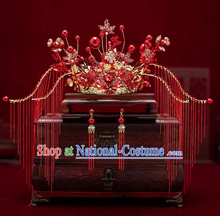 Top Chinese Traditional Wedding Red Phoenix Coronet Bride Handmade Tassel Hairpins Hair Accessories Complete Set