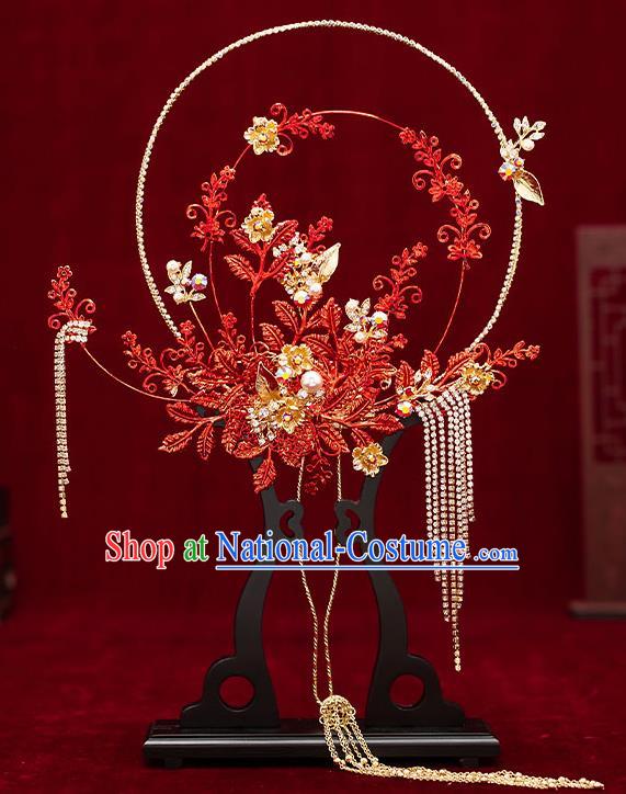 Chinese Traditional Wedding Red Leaf Palace Fans Ancient Bride Prop Round Fan for Women