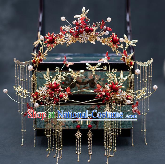 Top Chinese Traditional Wedding Dragonfly Tassel Phoenix Coronet Bride Handmade Hairpins Hair Accessories Complete Set