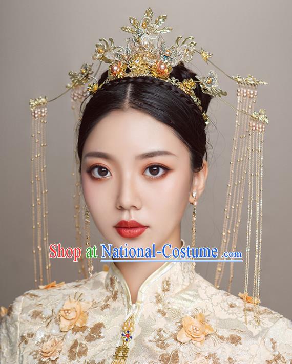 Top Chinese Traditional Wedding Phoenix Tassel Hair Crown Bride Handmade Hairpins Hair Accessories Complete Set