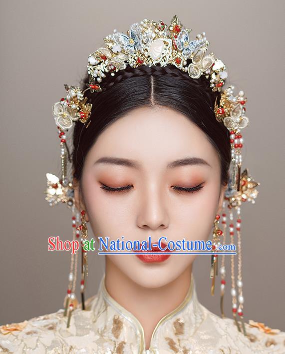 Top Chinese Traditional Wedding Blue Butterfly Hair Crown Bride Handmade Hairpins Hair Accessories Complete Set