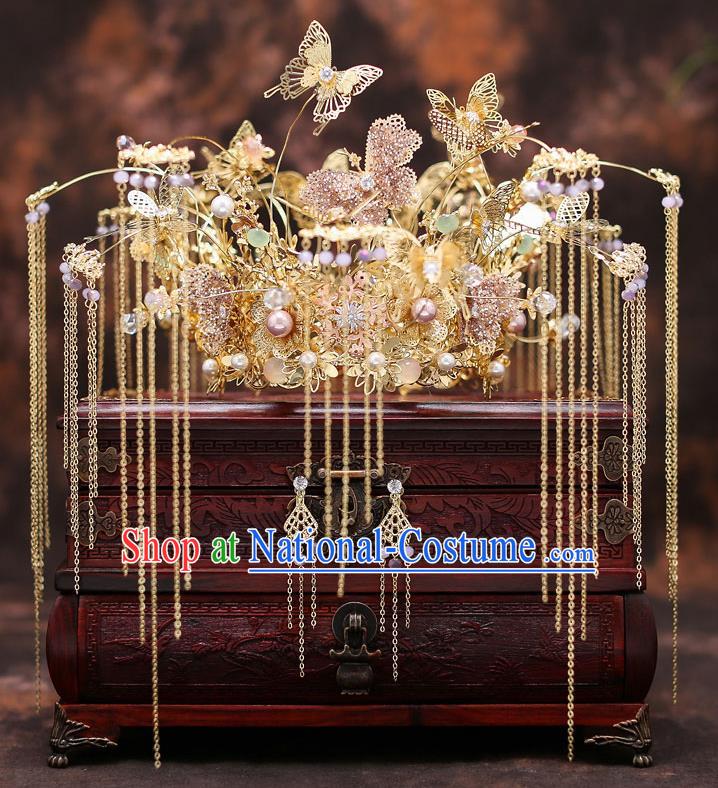 Top Chinese Traditional Wedding Golden Butterfly Hair Crown Bride Handmade Hairpins Hair Accessories Complete Set