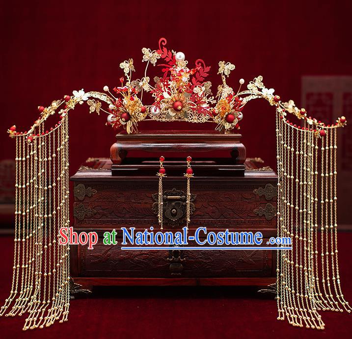 Top Chinese Traditional Wedding Golden Tassel Hair Crown Bride Handmade Hairpins Hair Accessories Complete Set