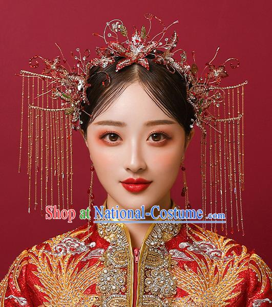 Top Chinese Traditional Wedding Red Star Tassel Hair Clasp Bride Handmade Hairpins Hair Accessories Complete Set