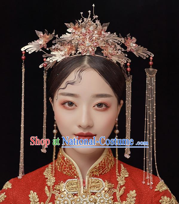 Top Chinese Traditional Wedding Golden Phoenix Tassel Hair Crown Bride Handmade Hairpins Hair Accessories Complete Set