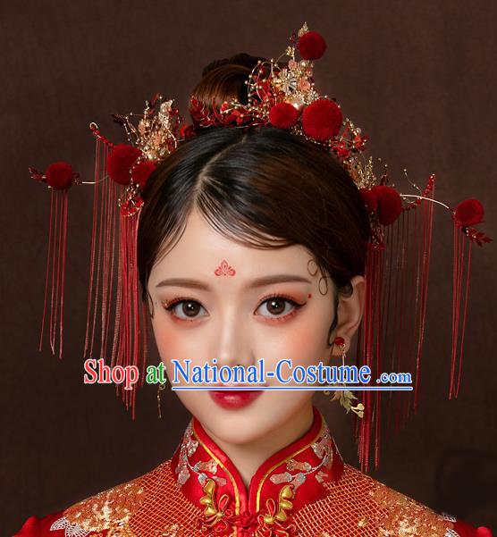 Top Chinese Traditional Wedding Hair Comb Bride Handmade Red Tassel Hairpins Hair Accessories Complete Set