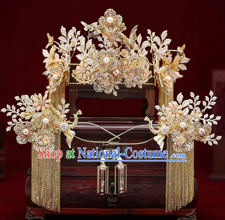 Top Chinese Traditional Wedding Golden Royal Crown Bride Handmade Tassel Hairpins Hair Accessories Complete Set