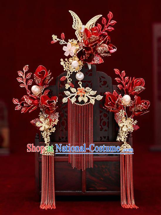 Top Chinese Traditional Wedding Red Tassel Hair Comb Bride Handmade Hairpins Hair Accessories Complete Set