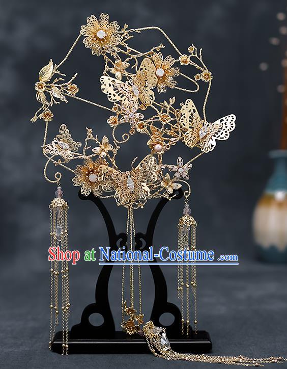 Chinese Traditional Wedding Golden Butterfly Palace Fans Ancient Bride Prop Round Fan for Women