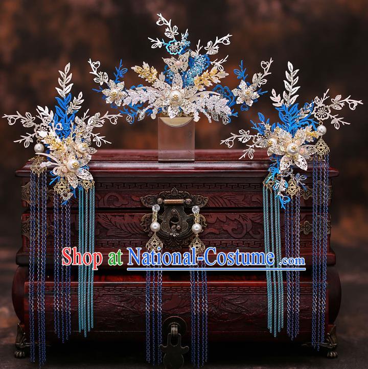 Top Chinese Traditional Wedding Blue Leaf Tassel Hair Comb Bride Handmade Hairpins Hair Accessories Complete Set