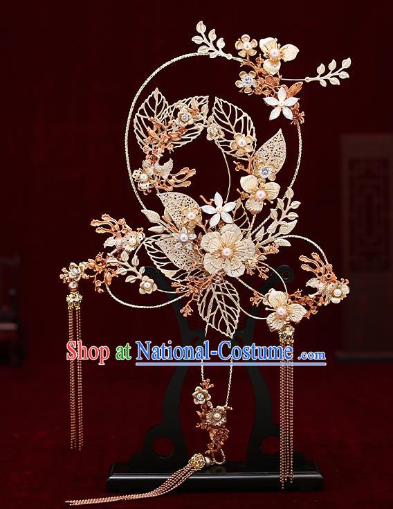 Chinese Traditional Wedding Golden Leaf Palace Fans Ancient Bride Prop Round Fan for Women