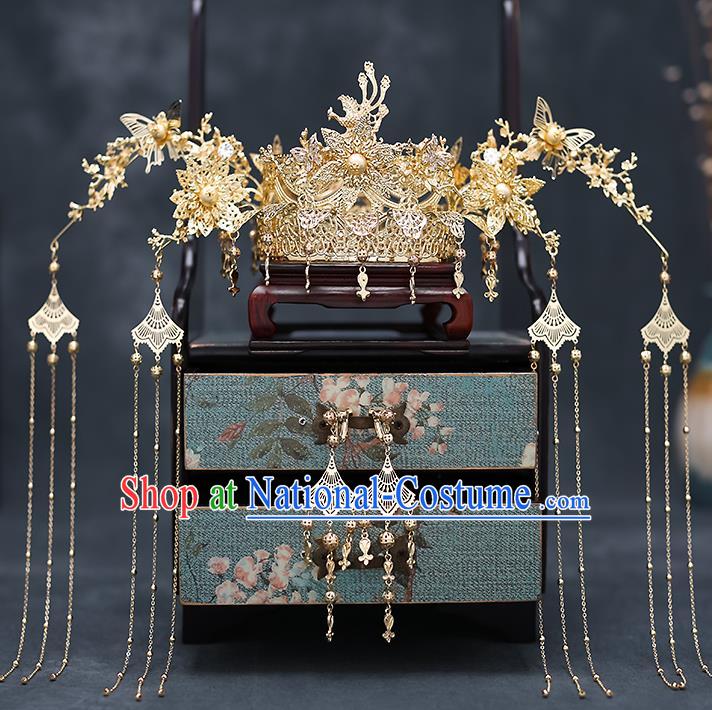 Top Chinese Traditional Wedding Tassel Phoenix Coronet Bride Handmade Hairpins Hair Accessories Complete Set