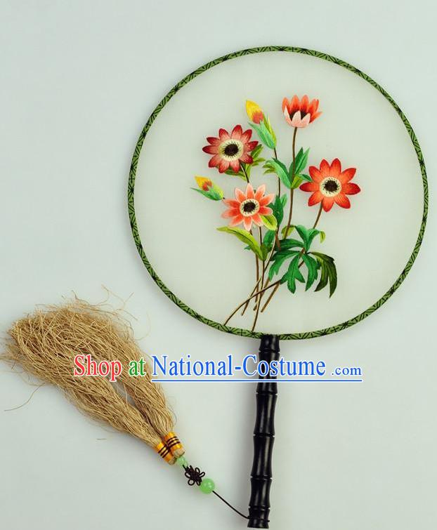 Chinese Traditional Embroidered Flowers Silk Fans Craft Handmade Su Embroidery Palace Fan Round Fan